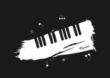 Musical Background In The Style Of A Pencil Sketch. Black And White Piano Keys With Music Notes And The Words.