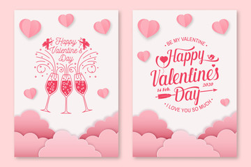 Wall Mural - Set of Happy Valentines Day poster, greeting cards. Set invitation, posters, brochure, voucher, banners with clouds, bird, cupid, hearts. Vector. Design for Valentines Day.