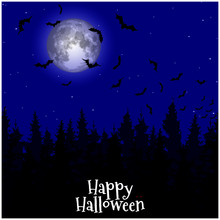 Vector Halloween Background With Illustration Of Flying Bats Over Moon. Happy Halloween Party. Spooky Halloween Background With Scary Bats On Full Moon Background. Full Moon Night Spruce Forest.