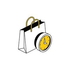 Poster - Shopping bag time clock. Vector line, 3d stroke isometric, color web icon, new flat style. Creative illustration design, abstract idea for infographics.