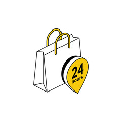 Poster - Shopping bag working hours 24 hours. Vector line, 3d stroke isometric, color web icon, new flat style. Creative illustration design, abstract idea for infographics.