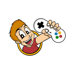 Poster - man holding game console joystick controller logo brand