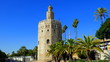  Torre del Oro in Sevilla umrahmt von Palmen vor blauem Himmel