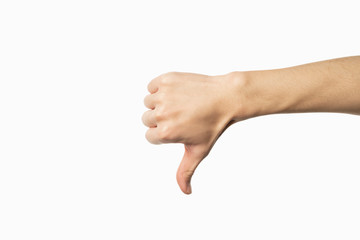 hand of man showing thumb-down gesture on white background