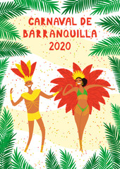 Hand drawn vector illustration with dancing people in bright costumes, palm leaves, Spanish text Carnaval de Barranquilla 2020. Flat style design. Concept for Colombian carnival poster, flyer, banner.