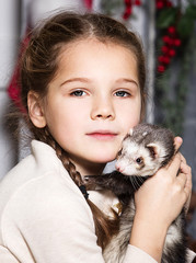 Wall Mural - cute girl and ferret together