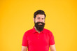 © be free - Mental health. Happy hipster. Hipster smile yellow background. Brutal hipster with thick beard hair. Bearded man in casual hipster style. Barbershop. Barber or hairdressing salon. Good mood