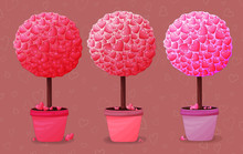 Valentines Day Love Tree Collection. Pink Topiary, Bonsai In The Pot. Pink Sakura Trees Valetine's Day Decoration Element. Stylized Love Tree Made Of  Pink Hearts. Concept Of Love, Hand Drawn Trees He
