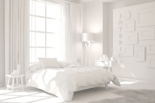 modern bedroom in white color. scandinavian interior design. 3d illustration