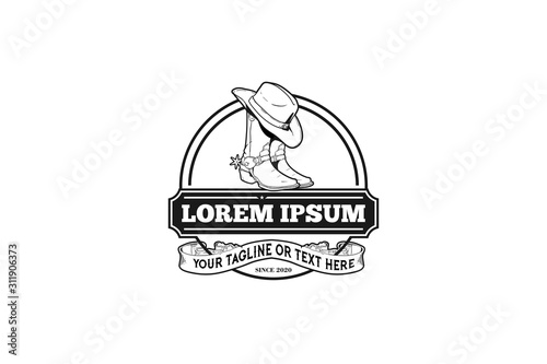 Fotografía Black and white western theme and decor cowboy boots with hat vector logo