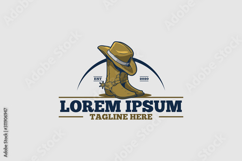 Cuadros en Lienzo western theme cowboy boots with hat vector logo template