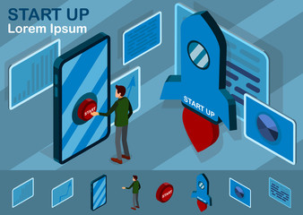 Poster - isometric internet business startup launching process. rocket space ship take off, man is pushing th