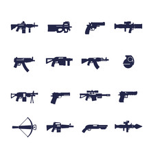 Guns And Weapons Icons, Rifles, Pistols, Submachine Guns