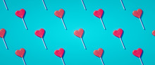 Flat Lay Heart Shape Lollipop On Stick Pattern Valentine Day Background. 3d Rendering.