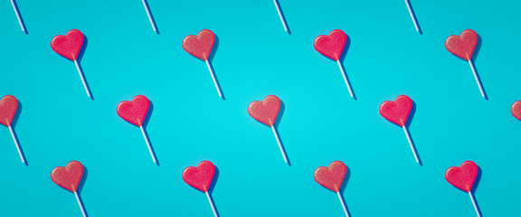 Flat lay heart shape lollipop on stick pattern Valentine day background. 3d rendering.