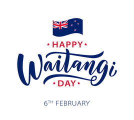 Wall Mural - Waitangi day. 6 february New Zealand. Hand lettering design for Waitangi day. Vector illustration Hand drawn text for New Zealand holiday. Script. Calligraphic design for print card, banner, poster.