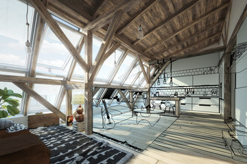 interior of an attic loft - 3d illustration