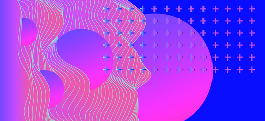 Poster - Abstract geometric background with circles floating in waves. Vaporwave and Synthwave 80s neon vibes.