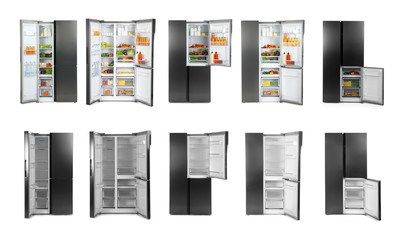 Collage of modern refrigerators on white background