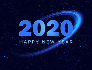 Wall Mural - 2020 happy new year greeting card with blue stars and glowing circle in space background