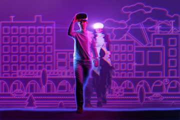 Wall Mural - man and woman met in virtual reality, fell in love and together return to reality. image with glitch