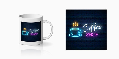 Wall Mural - Neon coffee house print on mug mockup. Branding identity design coffee shop on mug. Hot drink and food cafe sign