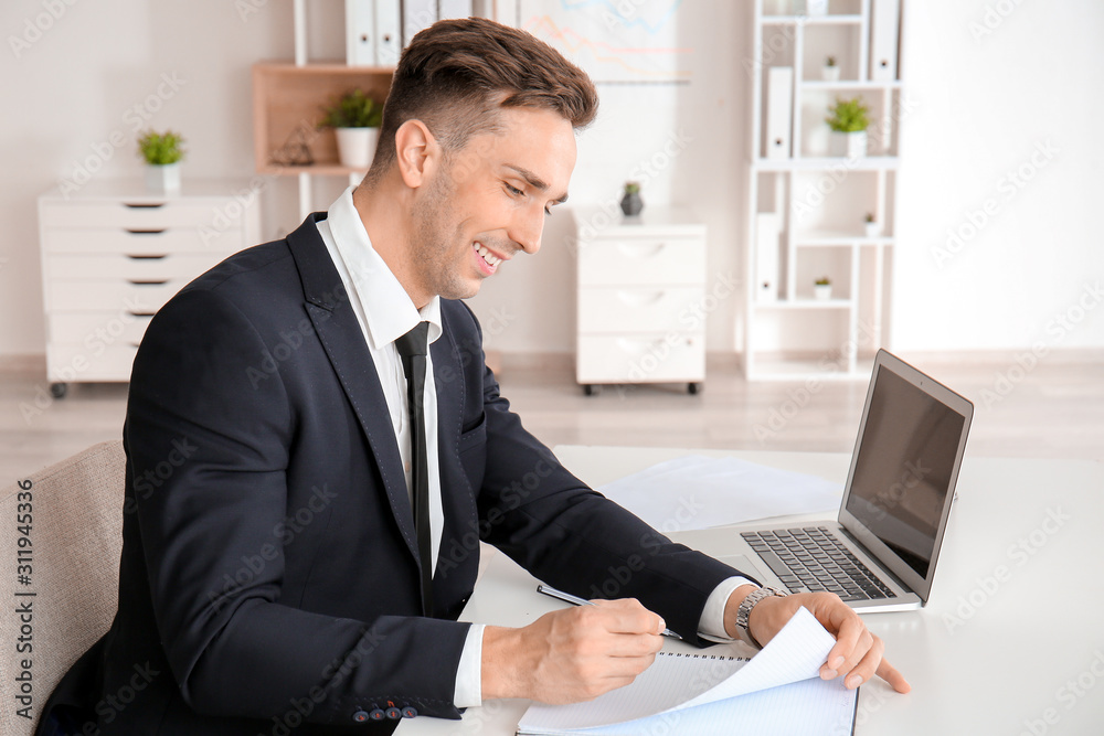 Handsome young businessman working in modern office