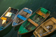 Looking Downward At Four Colourful Rowboats Tied To Fisherman' Wharf Monterey California Nobody