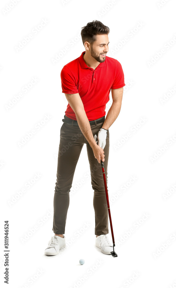 Handsome male golfer on white background