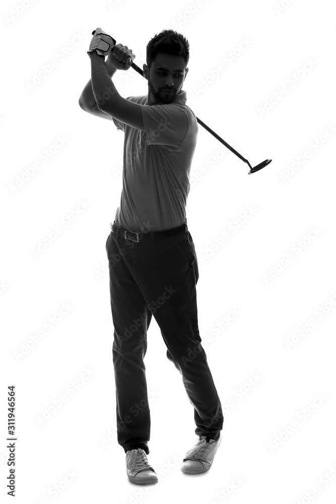Silhouette of handsome male golfer on white background