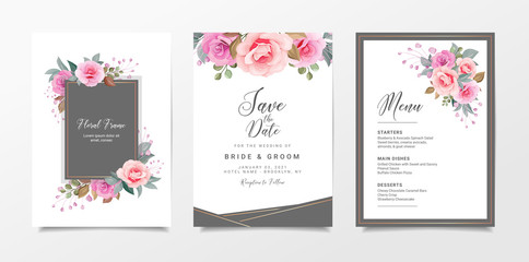 Wall Mural - Elegant wedding invitation card template set with floral frame and border. Roses and leaves botanic illustration for background, save the date, invitation, greeting card, poster vector