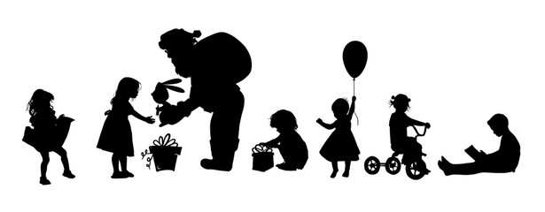 The silhouette of Santa Claus gives a gift to the girl. Silhouettes of children for the new year. Vector illustration