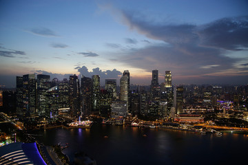 Poster - Evening aerial view of skyscrapers in Singapore downtown under cloudy sky. Modern architecture. Contemporary business city with high-rise buildings. 