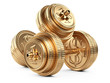 Gold dumbbells from coins. Business and sport - financial concept.