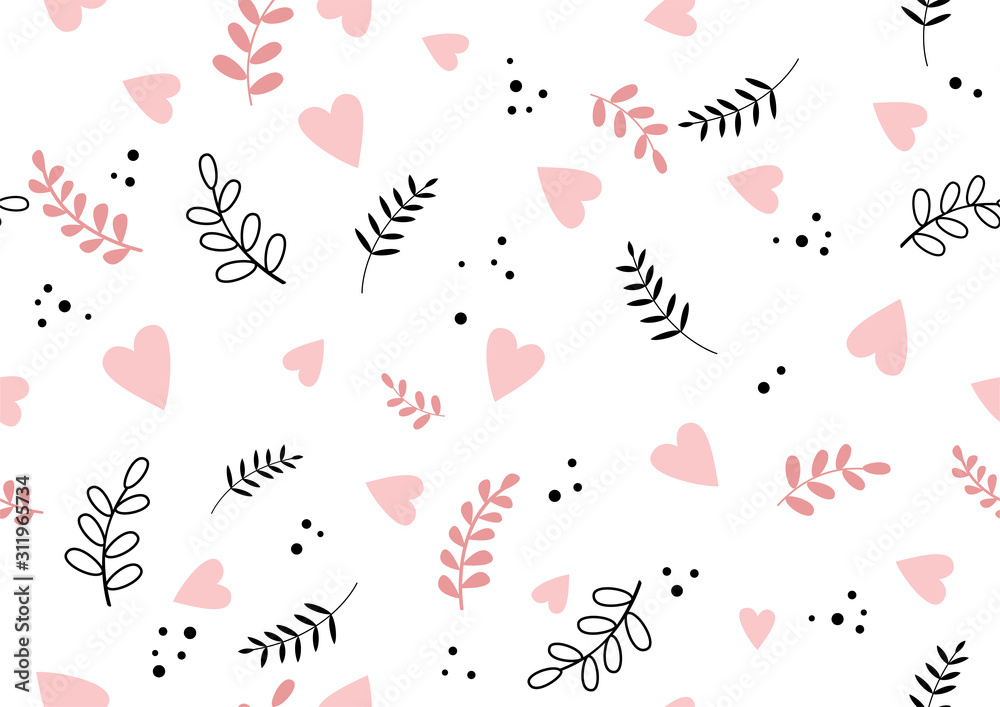 Seamless romantic spring vibe pattern with hearts and leaves  - obrazy, fototapety, plakaty 