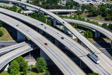 Aerial view of freeway interchange bridges and ramps on interstate 20 in Atlanta Georgia.  