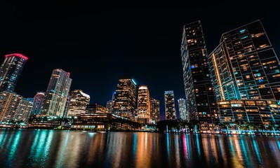 Wall Mural - night city brickell miami florida usa buildings panorama architecture cityscape skyscraper water lighting lights