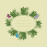 Fototapeta Kwiaty - round frame made of bamboo and bamboo sheets with butterflies, light beige background, green leaves, vector