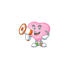 Wall Mural - Smiling cartoon character of pink love balloon with megaphone