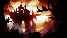 A Ruined Castle On A Rock In The Middle Of A Dark, Sinister Forest, A Ruined Bridge Between Two Towers, And In The Foreground Old Withered Trees, Against A Bright Orange Sunset. 
