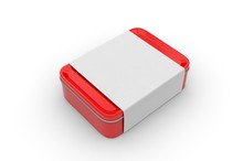 Blank Tin Box With Sleeve Paper Label For Branding, 3d Render Illustration.