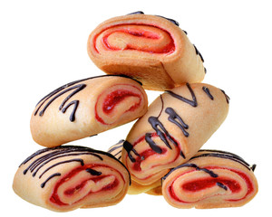 Wall Mural - Cookies rolls with strawberry jam and chocolate icing isolated