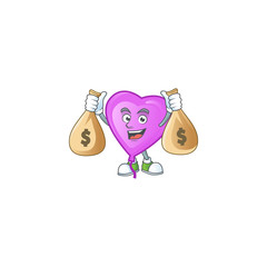 Sticker - Happy purple love balloon cartoon character with two money bags