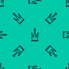 Poster - Blue line Crown icon isolated seamless pattern on green background. Vector Illustration