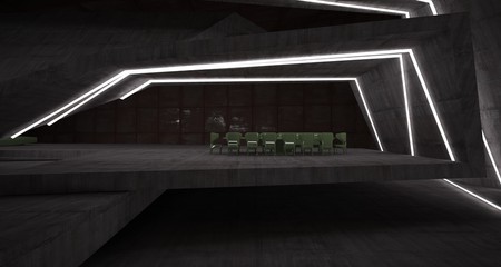 Abstract architectural concrete and rusted metal interior of a minimalist house with swimming pool and neon lighting. 3D illustration and rendering.