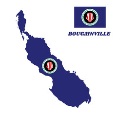 Wall Mural - Map outline and flag of Bougainville and the name. Red and white upe headdress superimposed on a green and white kapkap, on cobalt blue.