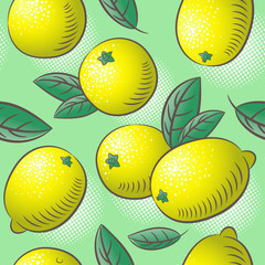 Wall Mural - Lemon seamless pattern. Lemon fruits with leaves. Engraved style vintage botanical background. Can be use for design menu, packaging, recipes, market products.