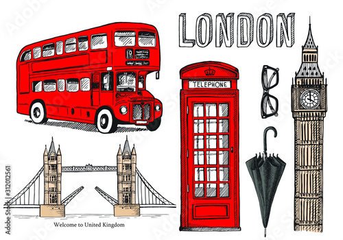 Cuadros en Lienzo Vector hand drawn illustration with London symbols
