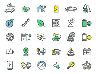 Poster - Set of linear electric car icons. Chrager station icons in simple design. Vector illustration