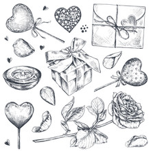 Vector Collection Of Hand Drawn Vintage Valentine And Wedding Day Elements.